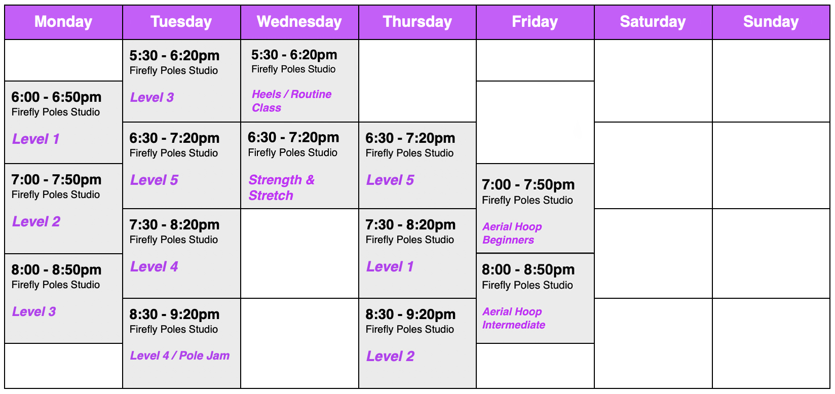 timetable of pole dance and aerial hoop classes in Norwich