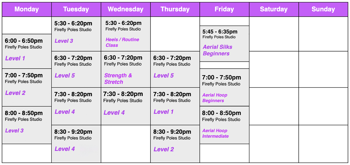 timetable of pole dance and aerial hoop classes in Norwich