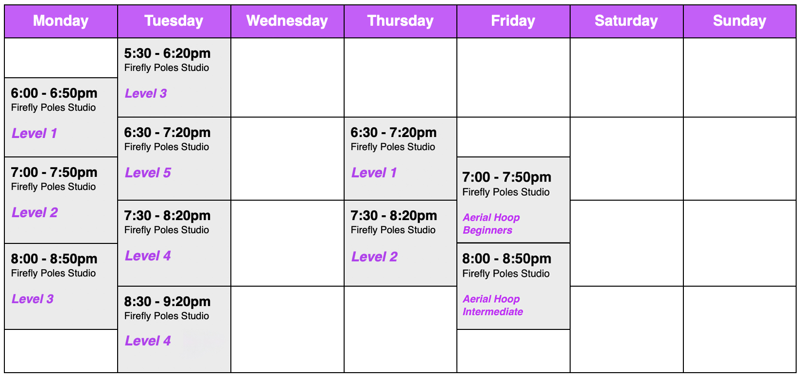 timetable of pole dance and aerial hoop classes in Norwich